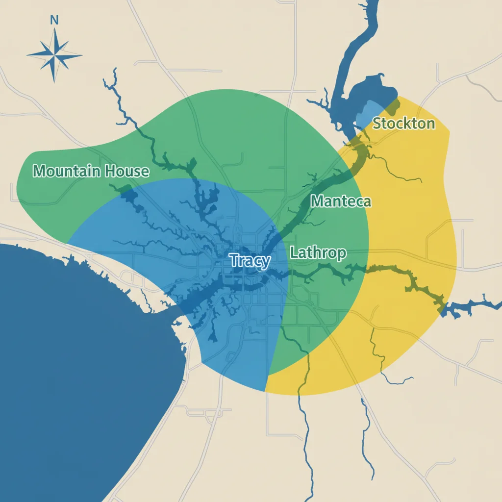 Map showing Tracy and nearby communities with service zones highlighted.