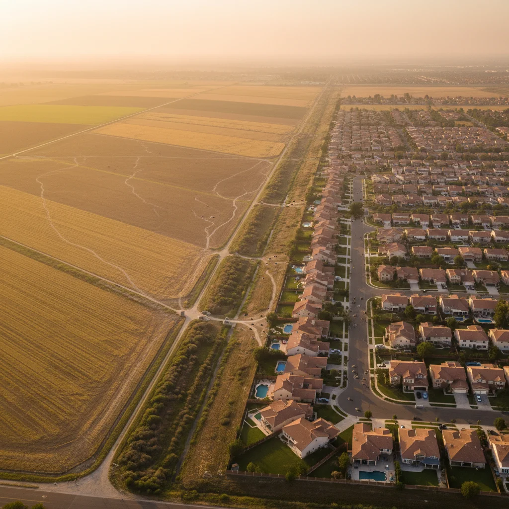 Residential area next to farmlands showing rodent migration paths.