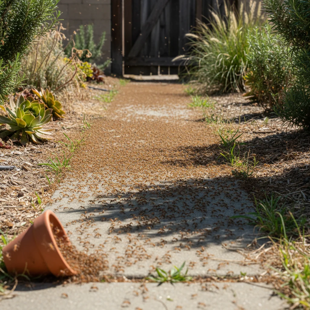 Argentine ants swarming a garden edge with daylight illumination, highlighting the requirement for expert ant exterminator Tracy CA services.