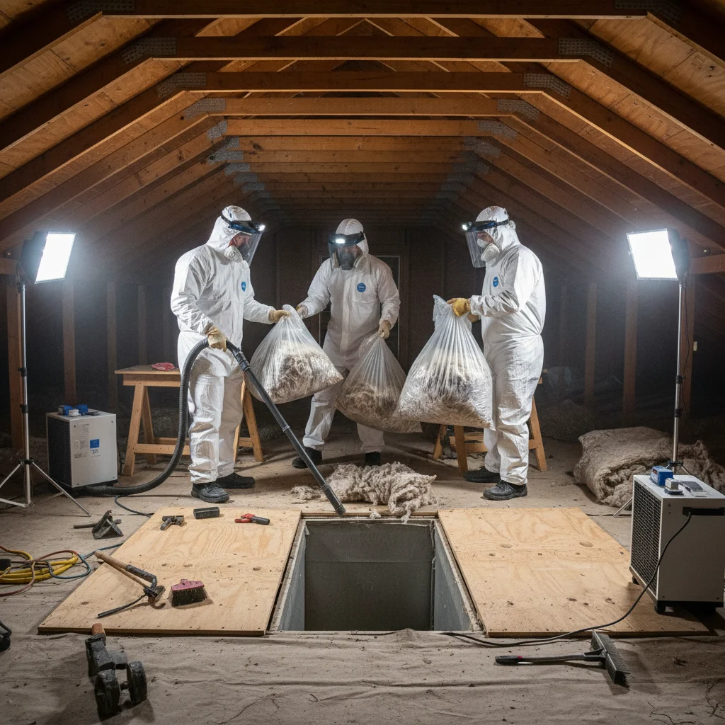 Cleanup crew removing insulation from attic post-infestation.