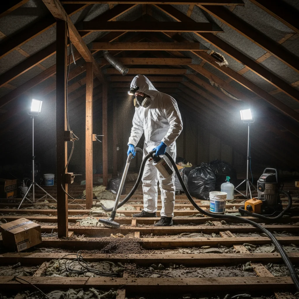 Worker cleaning attic with protective gear and cleaning tools.