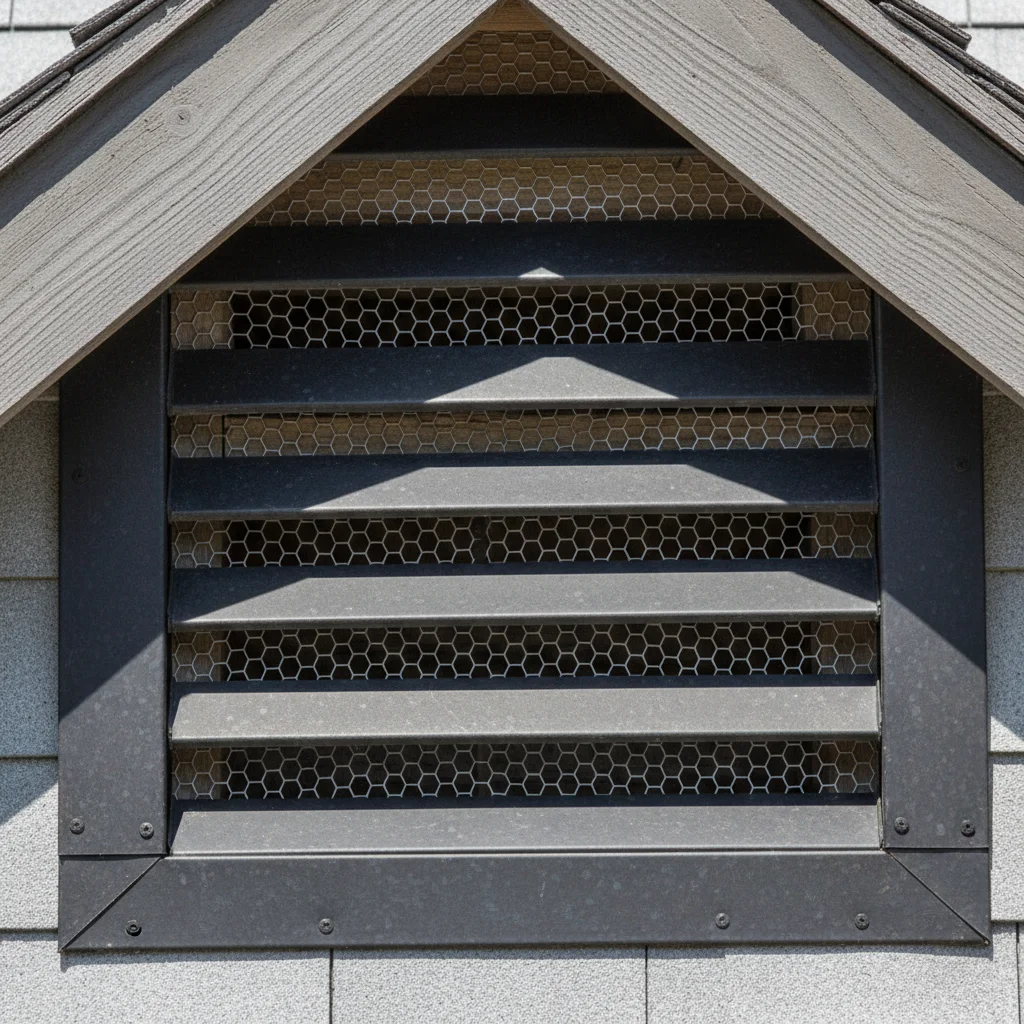 Attic vents with fine mesh screening installed, detail on mesh pattern.