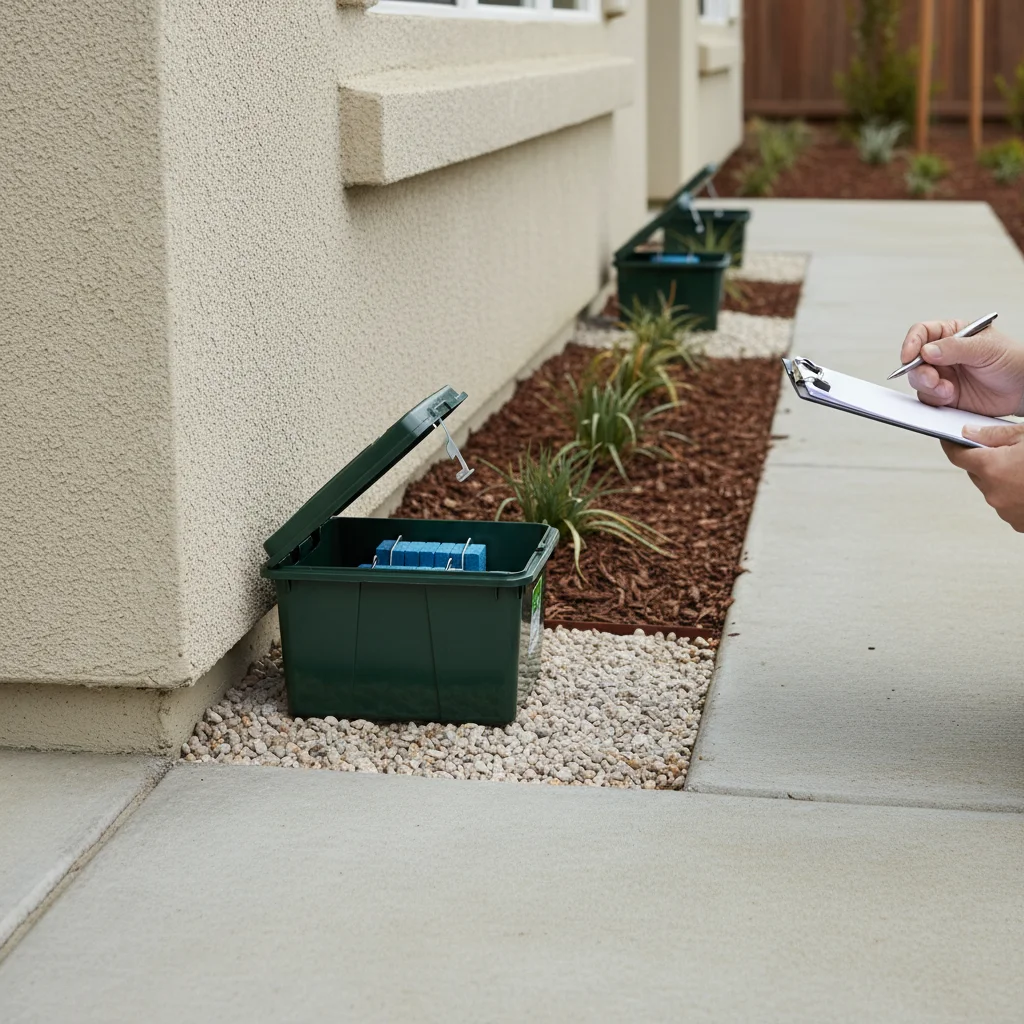 Bait station along house foundation in Tracy with precise spacing.