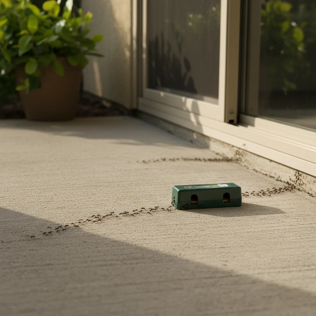addressing why do ants keep coming back California and highlighting pest control service use of a bait station near building entry intercepting ant trails 