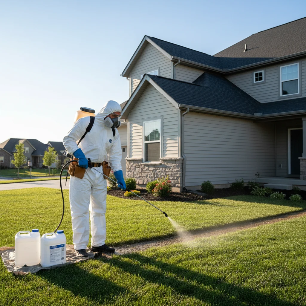 Professional applying Termidor with protective gear at a house perimeter.