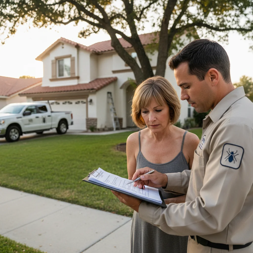 Contractor in uniform with homeowner reviewing document outside house.