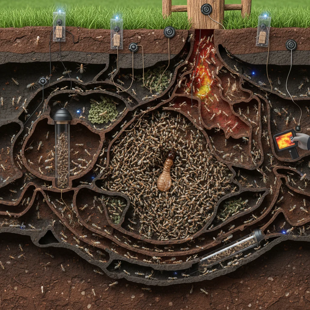 Large subterranean termite colony beneath soil, with monitoring.