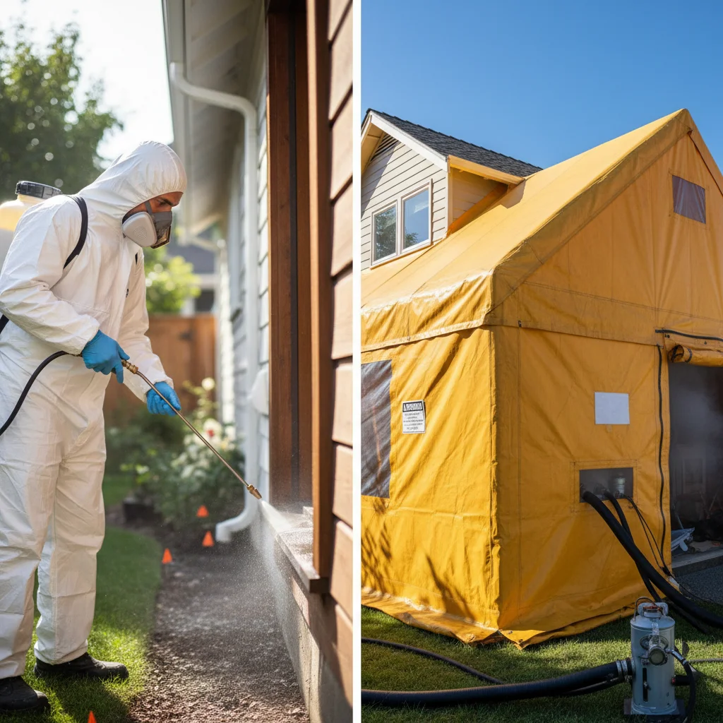 Technician applying treatment and house with fumigation tent.
