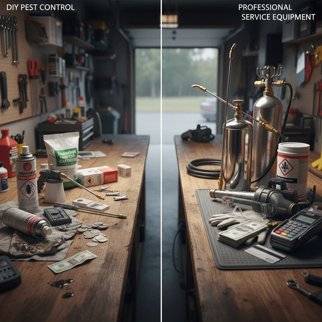 DIY pest products and professional gear side-by-side on a workbench.