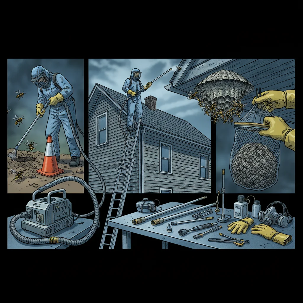 Different wasp and bee nest removal scenarios with equipment.