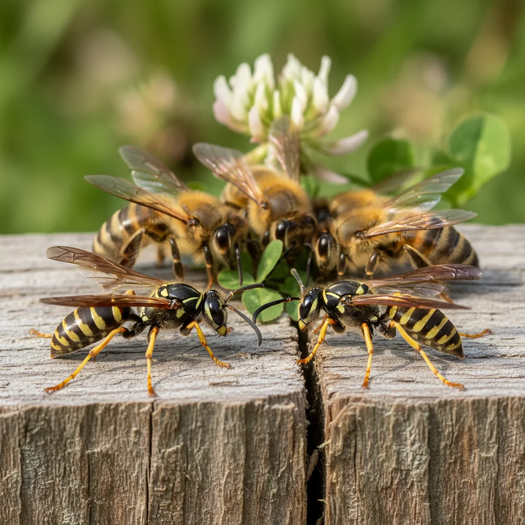 Paper wasps and honeybees close-up, showing body differences.