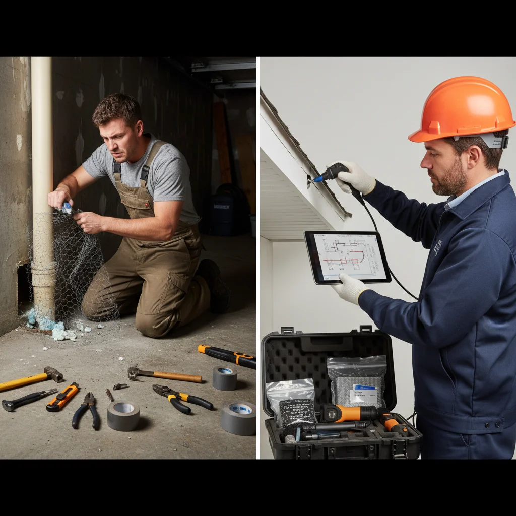 DIY vs professional rodent exclusion: basic tools vs specialized gear.
