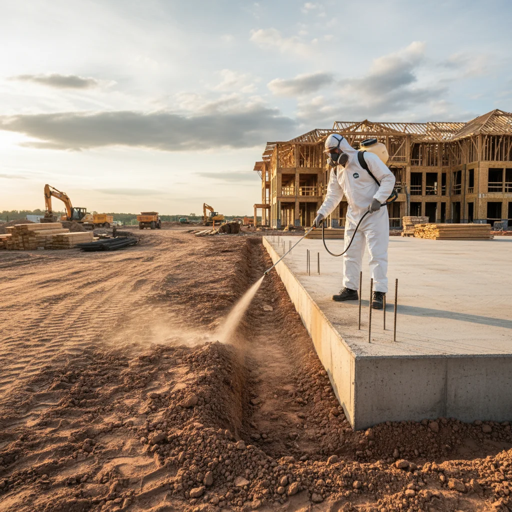 Exterminator applying soil barriers around construction site foundation highlighting pest control Tracy Hills CA solutions.