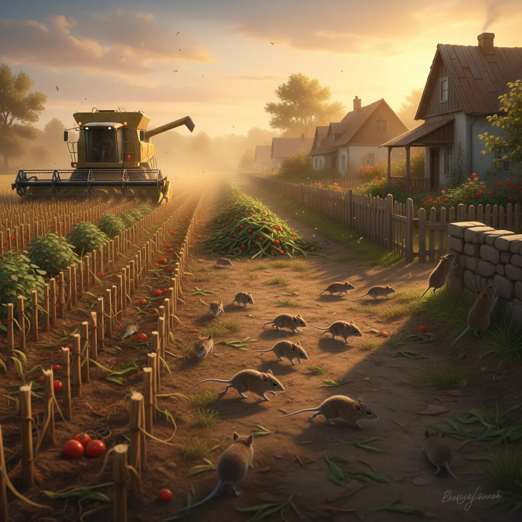 Field clearing with mice moving toward homes in late afternoon.
