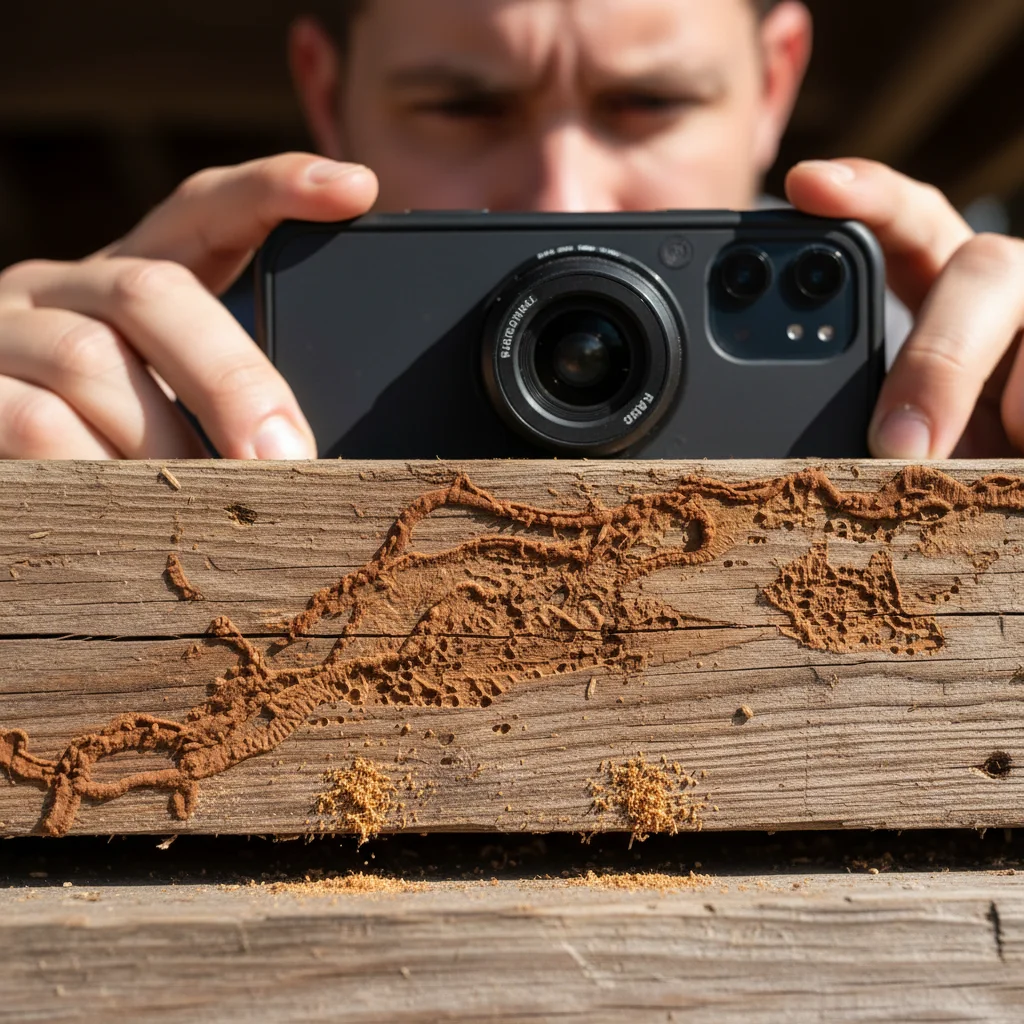 Person photographing suspected termite activity on wooden structure.