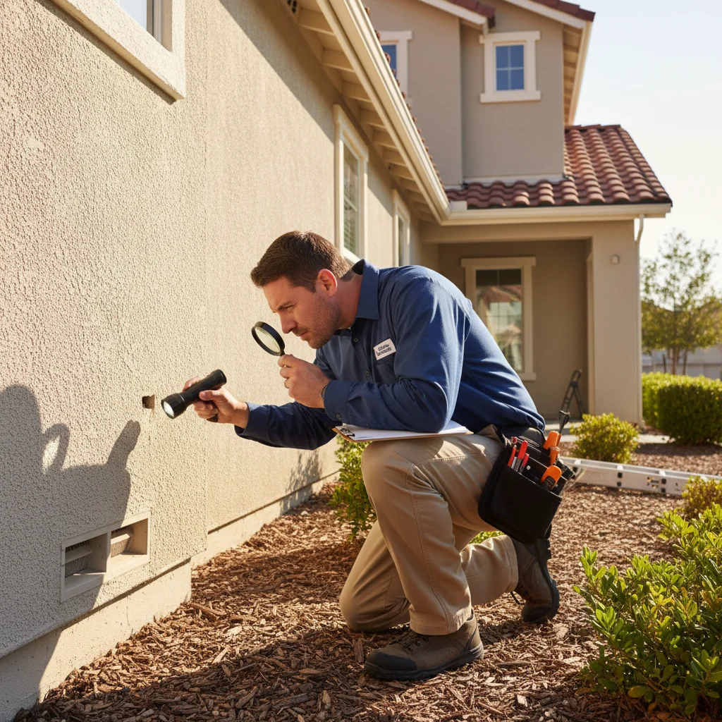 Inspector checking home exterior for rodent entry points.