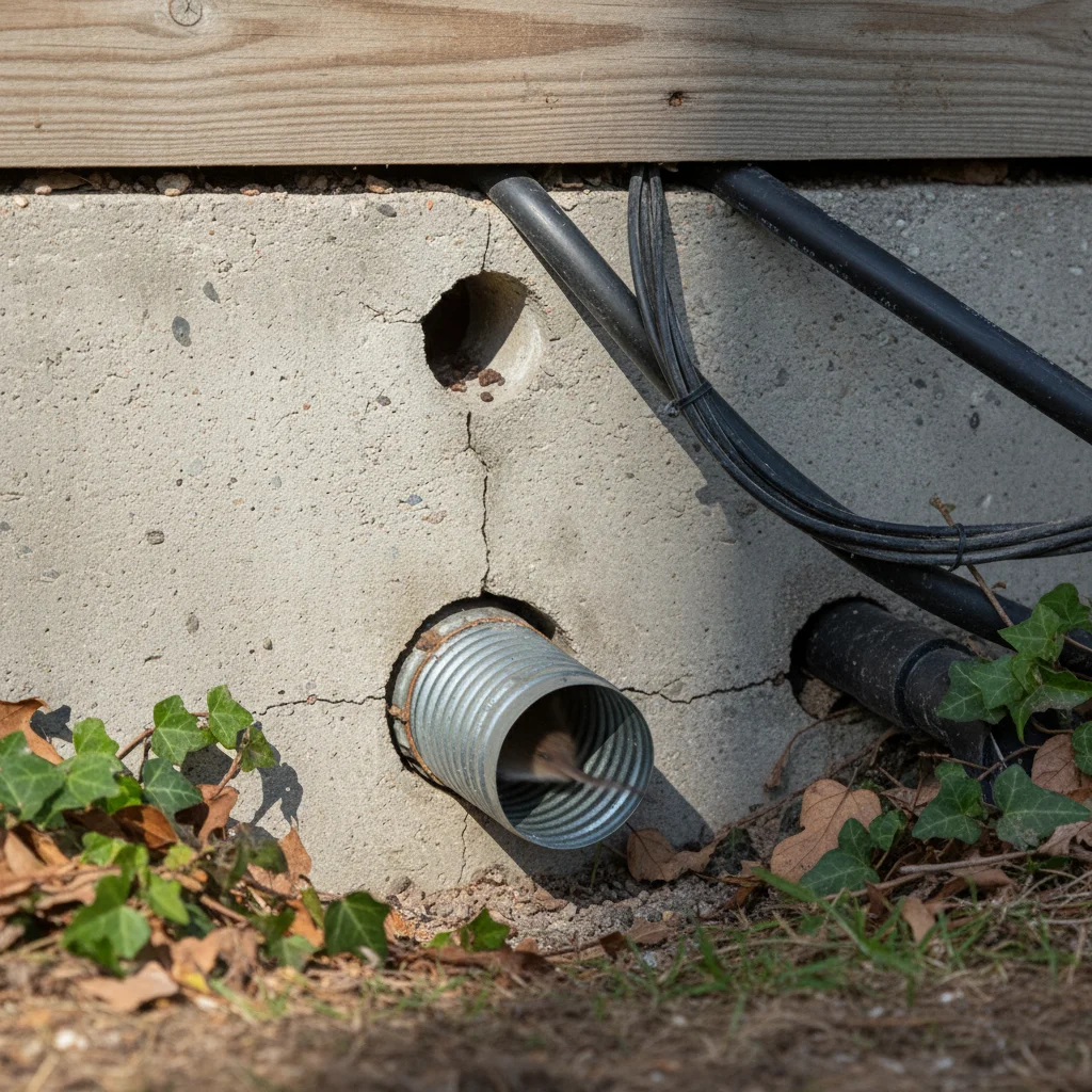 House foundation with visible gaps at utility penetration points.