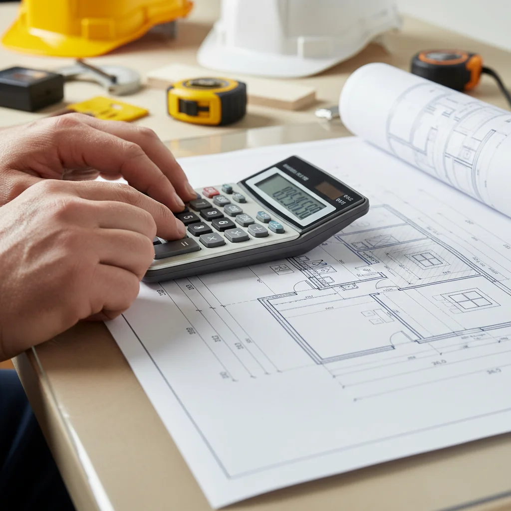 Contractor using calculator and house blueprint for fumigation costs to calculate accurate termite treatment cost California.