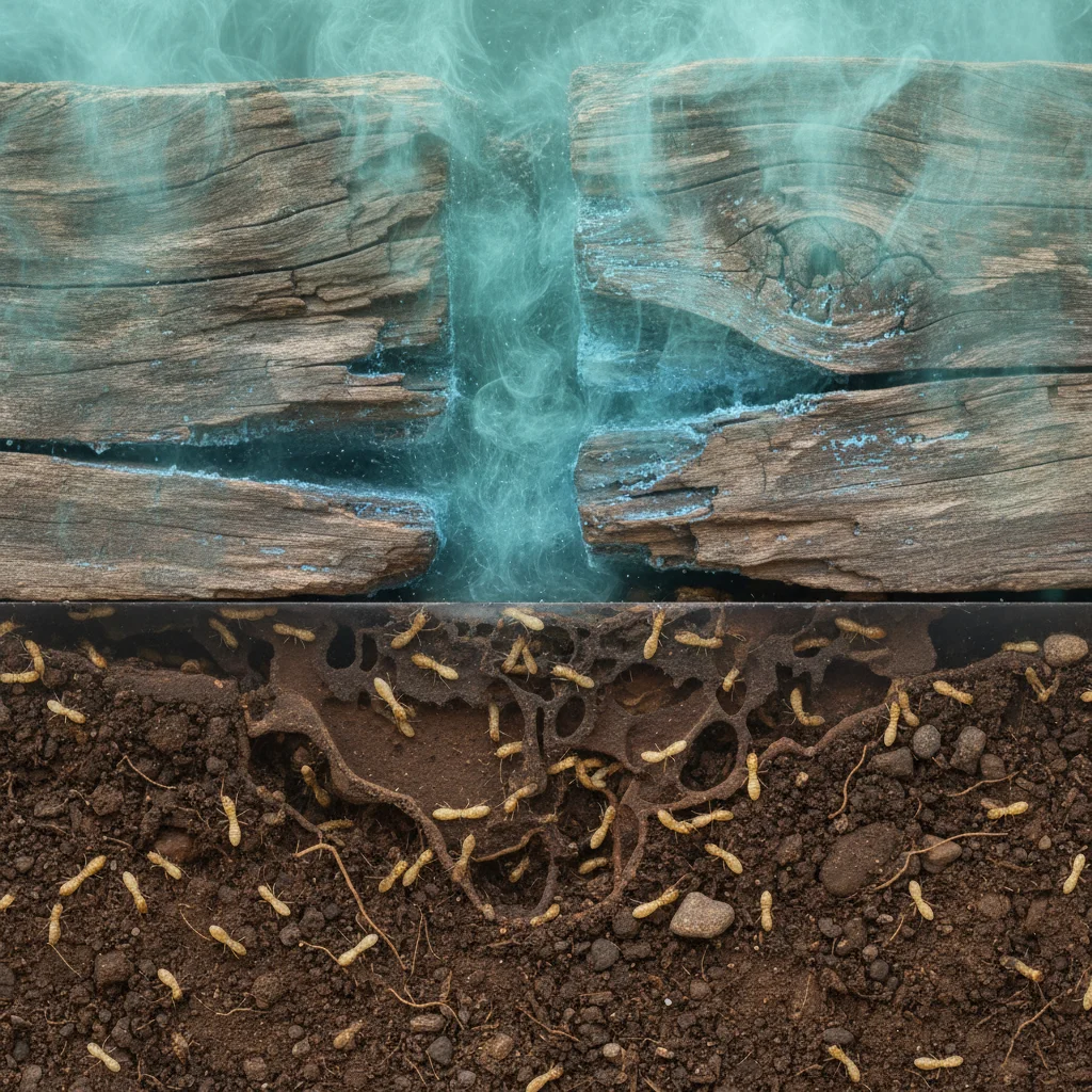 Fumigation gas permeating wood structure, soil untouched.