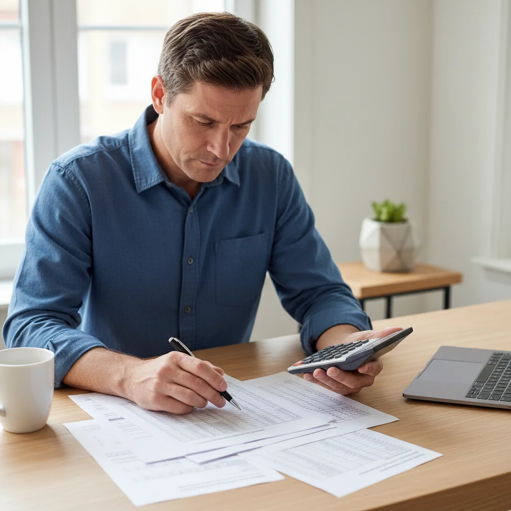 Homeowner reviewing termite treatment quotes at desk with papers.