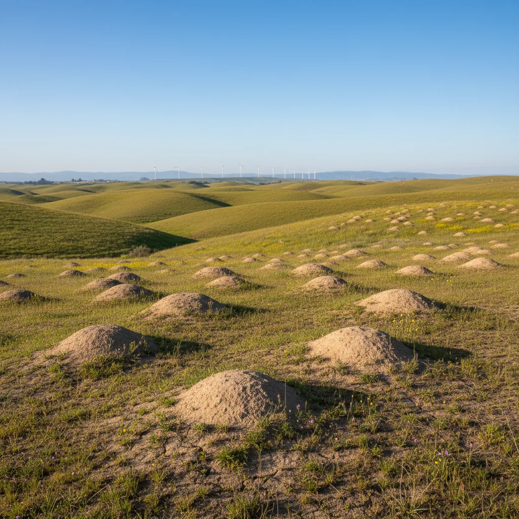 Open grassland with gopher mounds near Altamont Pass in spring.