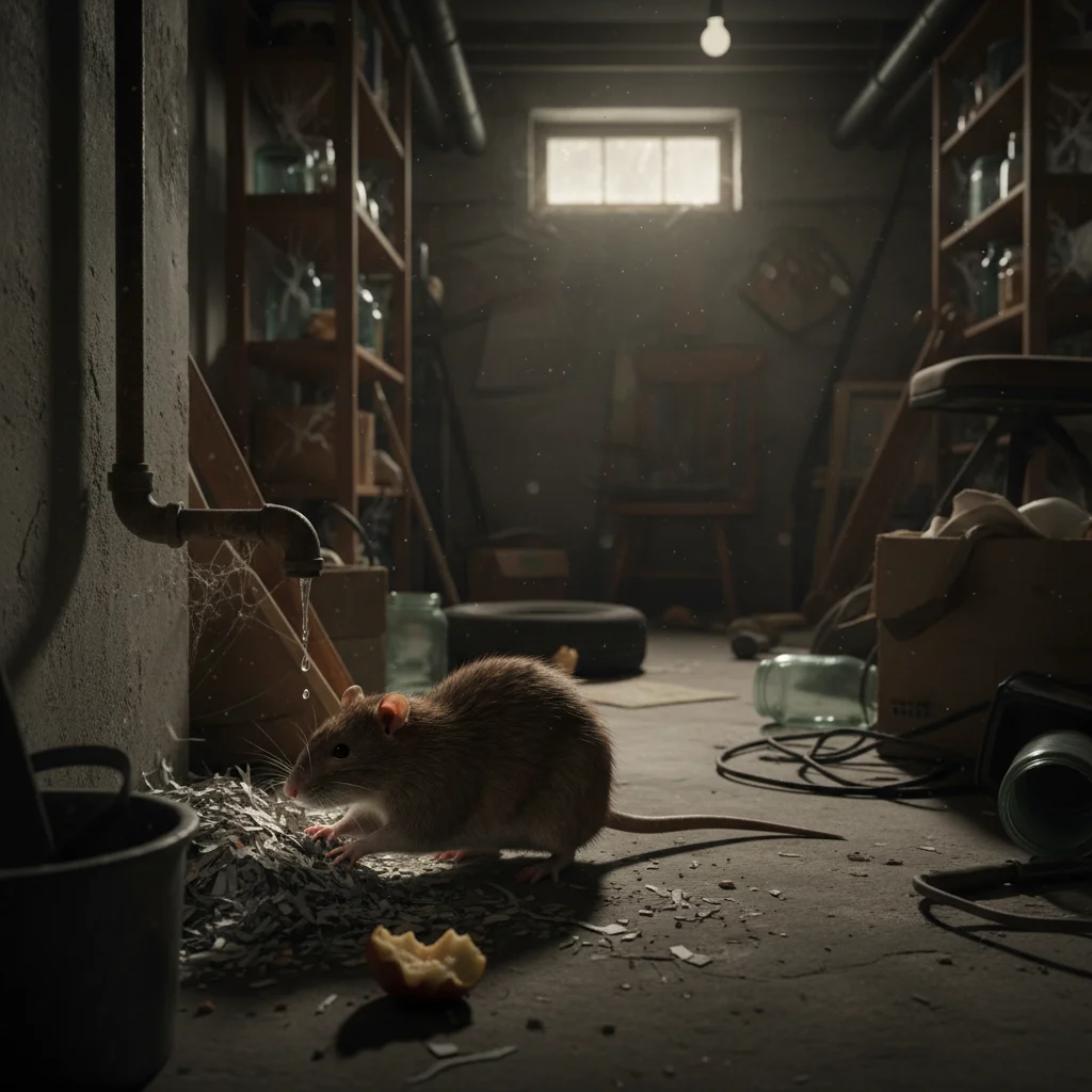 Norway rat in a basement near a water pipe, showing its habitat.