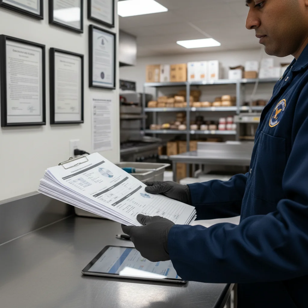 Exterminator with inspection reports in a commercial kitchen highlighting commercial pest control Tracy CA professional services.