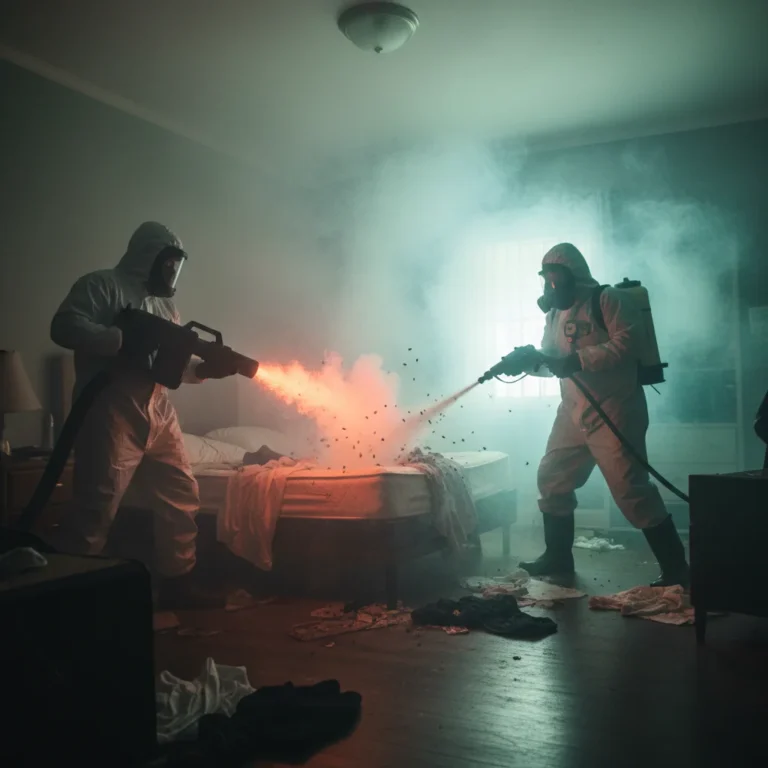Exterminators using heat and chemical methods to treat bed bugs in a home.