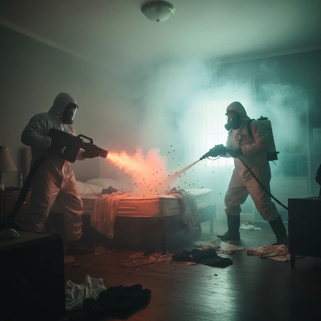 Exterminators using heat and chemical methods to treat bed bugs in a home.