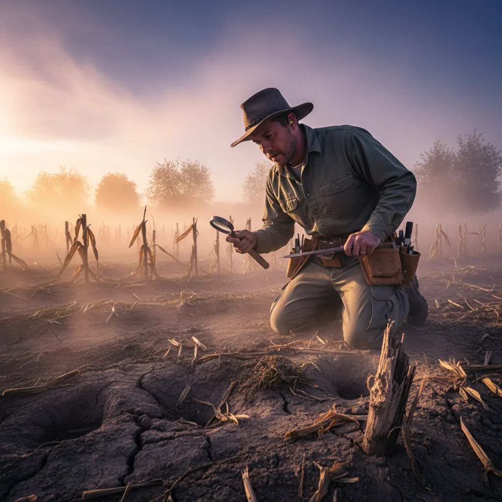 Exterminator in Tracy CA with tools, agricultural backdrop, dramatic lighting.