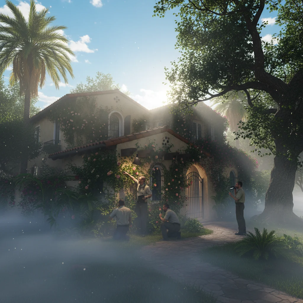 House in Tracy, CA surrounded by vegetation, professionals inspecting for pests.