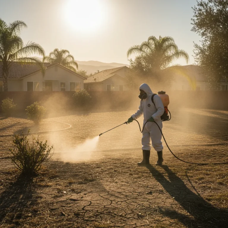 Pest control technician spraying in a hot Central Valley backyard.