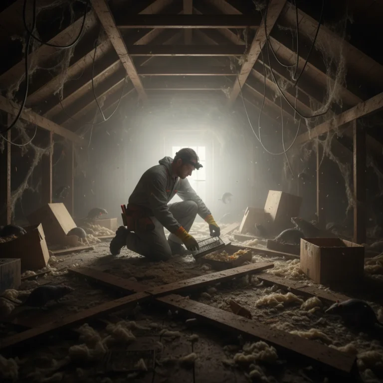 Pest control worker setting traps in dim attic with dramatic lighting.