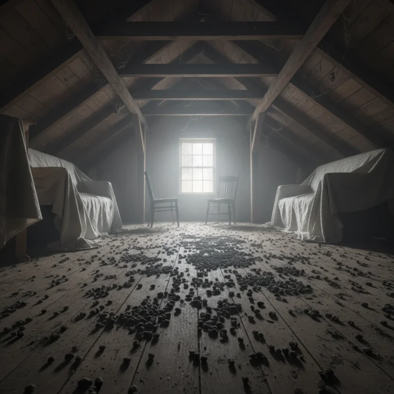 Dim attic with rat droppings on the wooden floor, dramatic lighting.