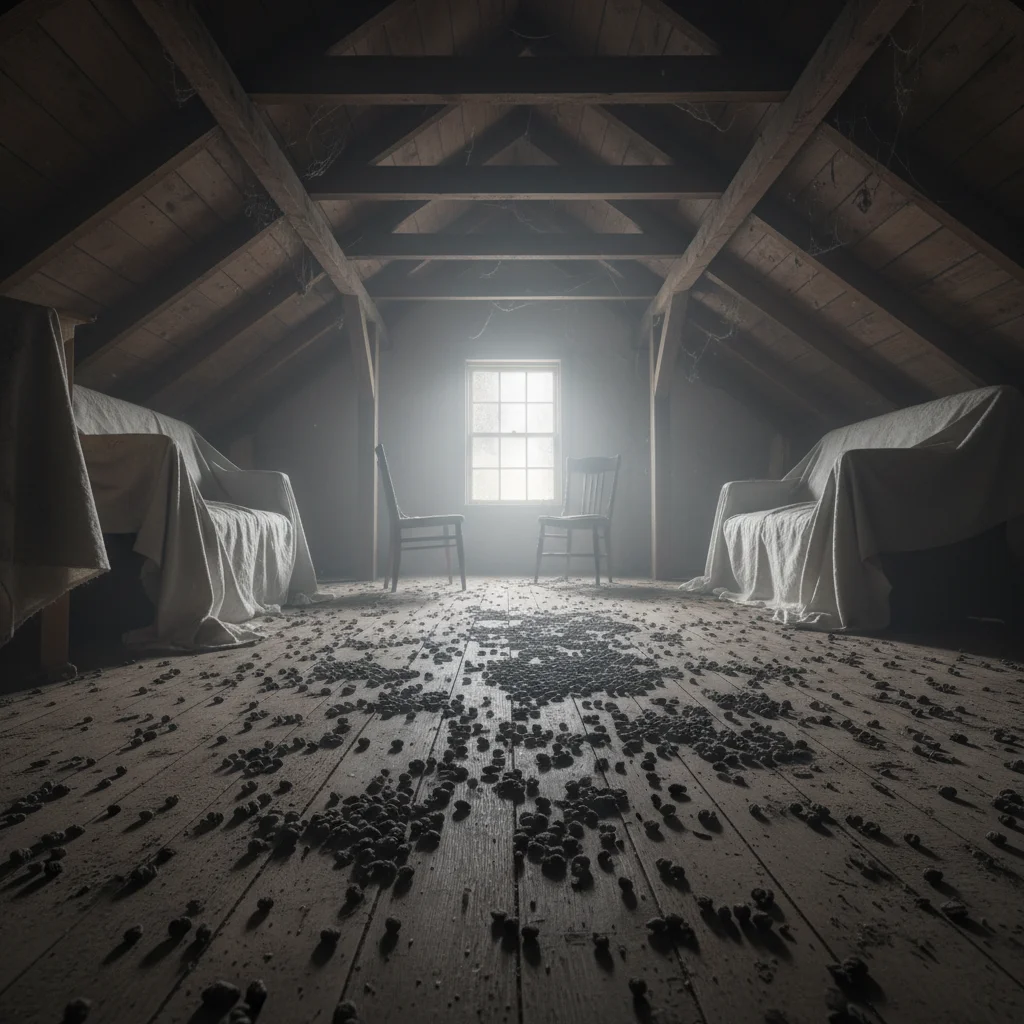 Dim attic with rat droppings on the wooden floor, dramatic lighting.