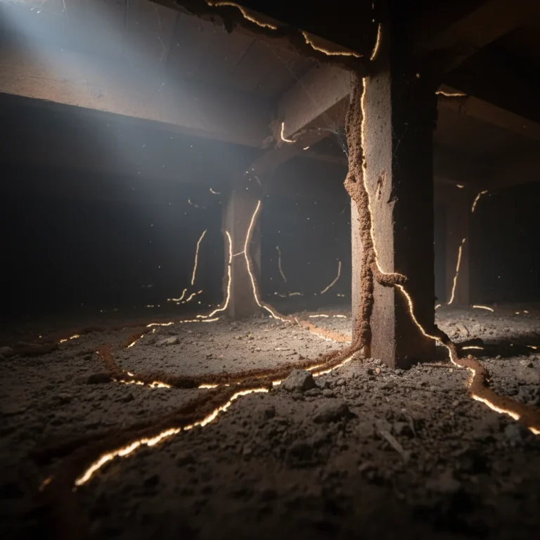Termite mud tubes on wooden beams in a dimly lit crawl space.