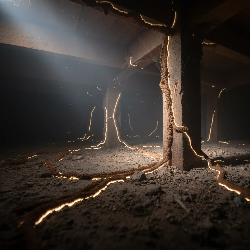 Termite mud tubes on wooden beams in a dimly lit crawl space.