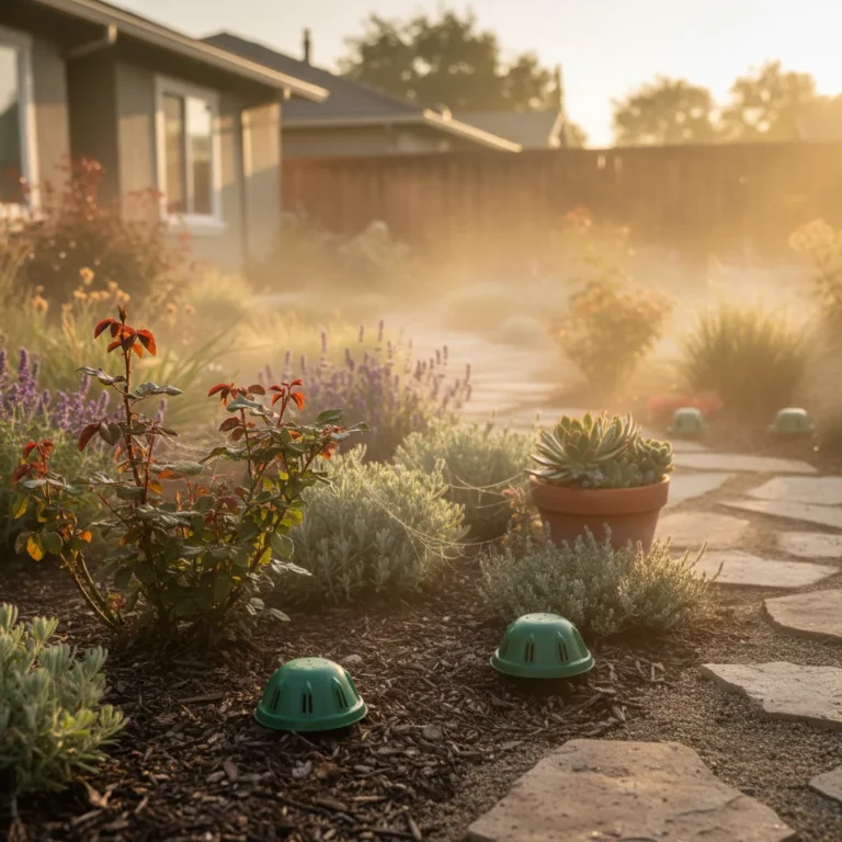 Garden in Tracy, CA with ant bait stations, and early morning, fog.