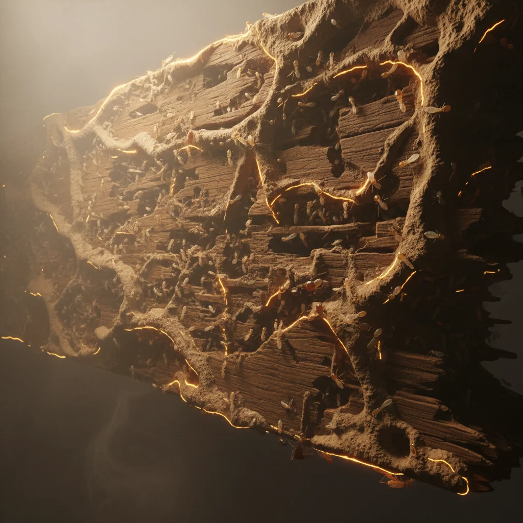 Close-up of termite evidence with mud tubes and wood galleries in dramatic lighting.