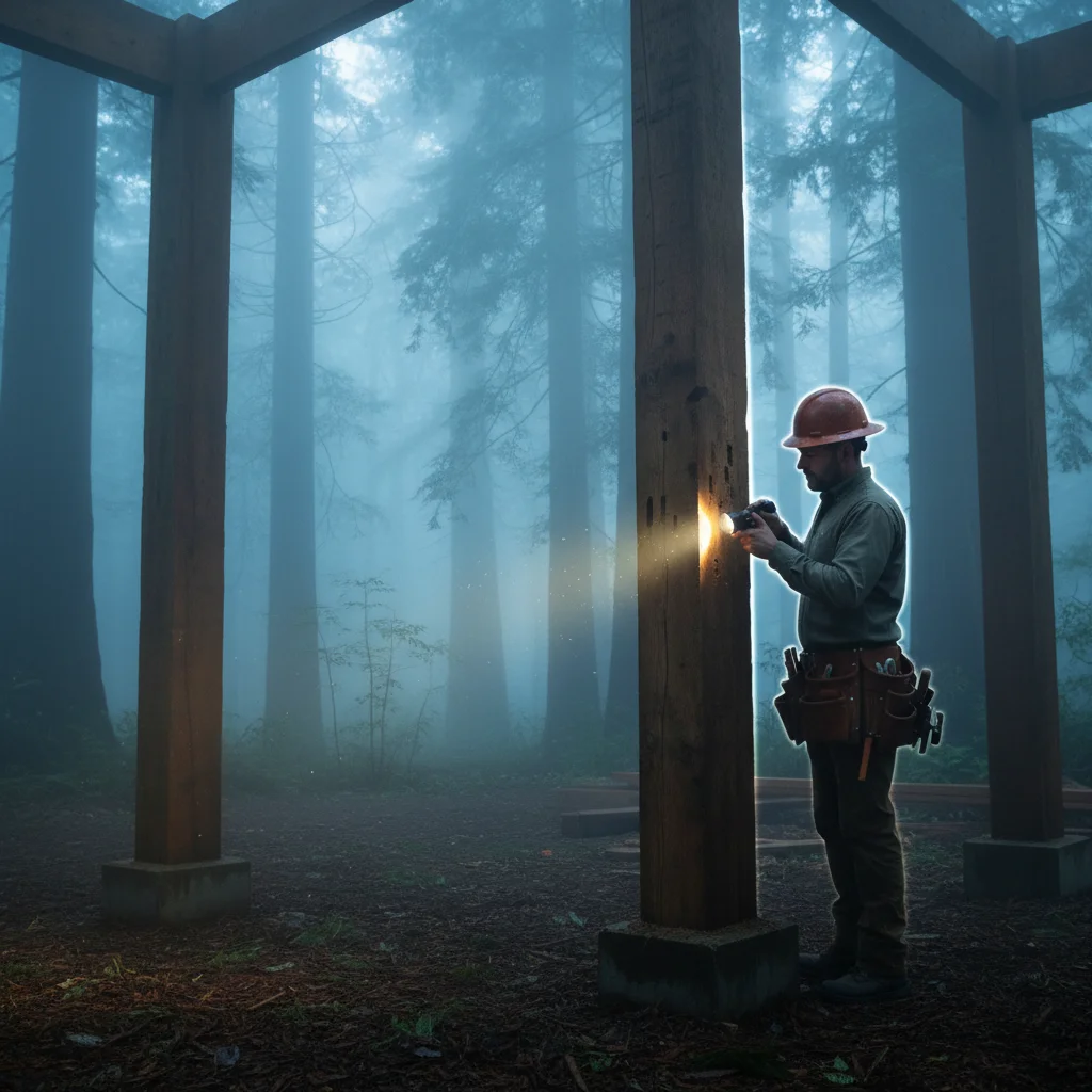 Contractor inspecting wooden house for termites in foggy California woods.