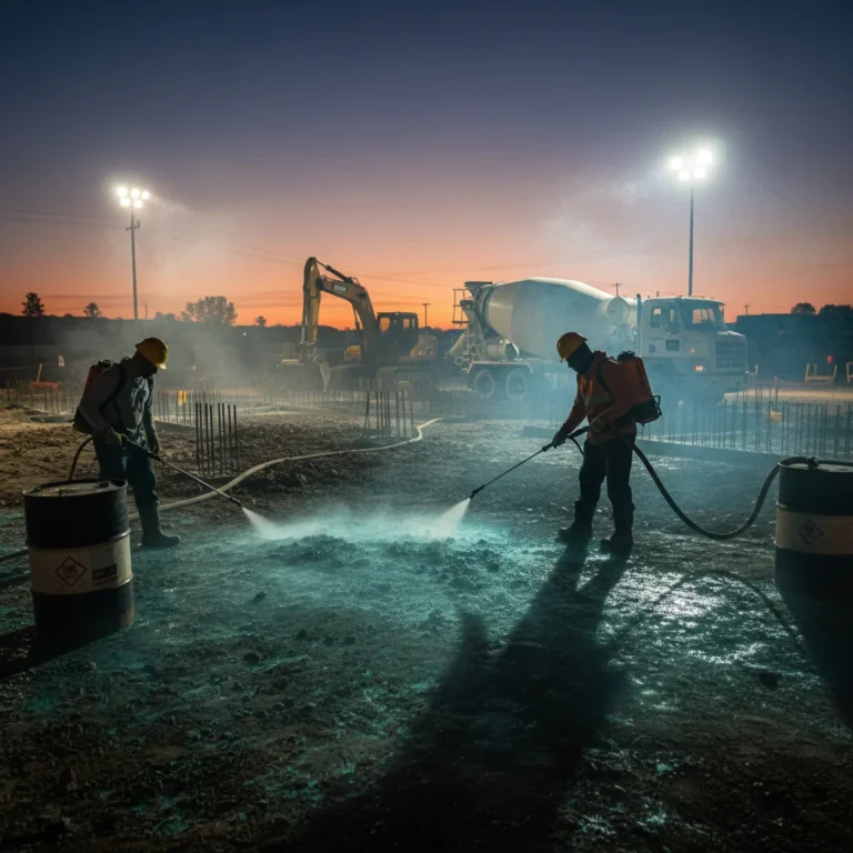 Construction workers applying termite treatment to soil before foundation pour.