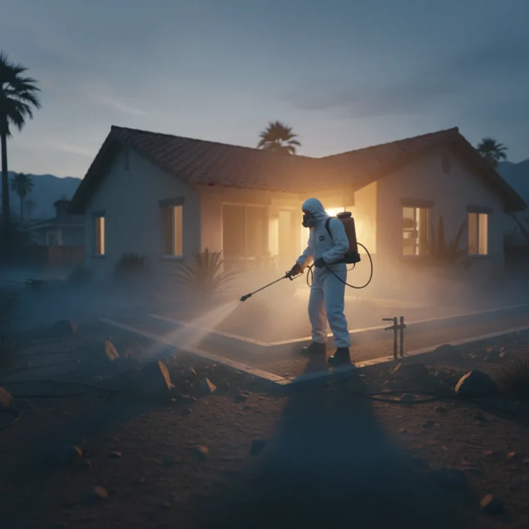 Termite treatment worker applying chemical barrier around house foundation.
