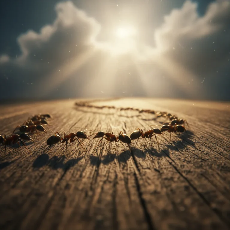Argentine ants marching on wood in dramatic lighting with fog.