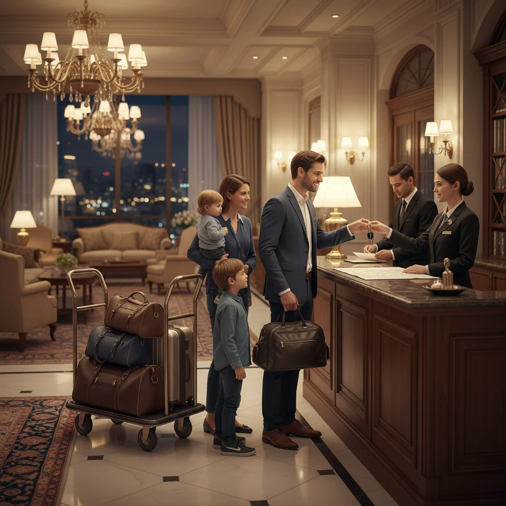 Family checking into hotel at night with bags and documents.