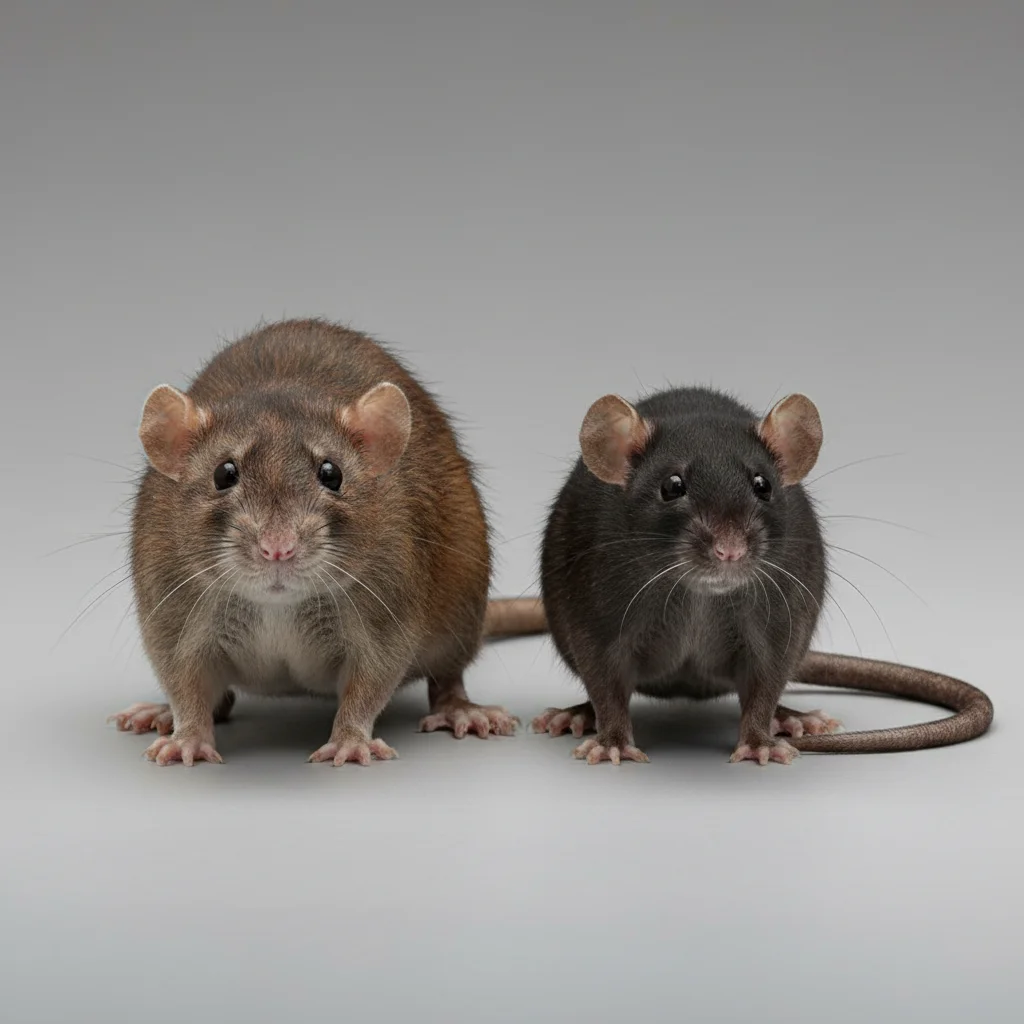 Norway rat vs Roof rat California comparison showing different ear and body sizes.