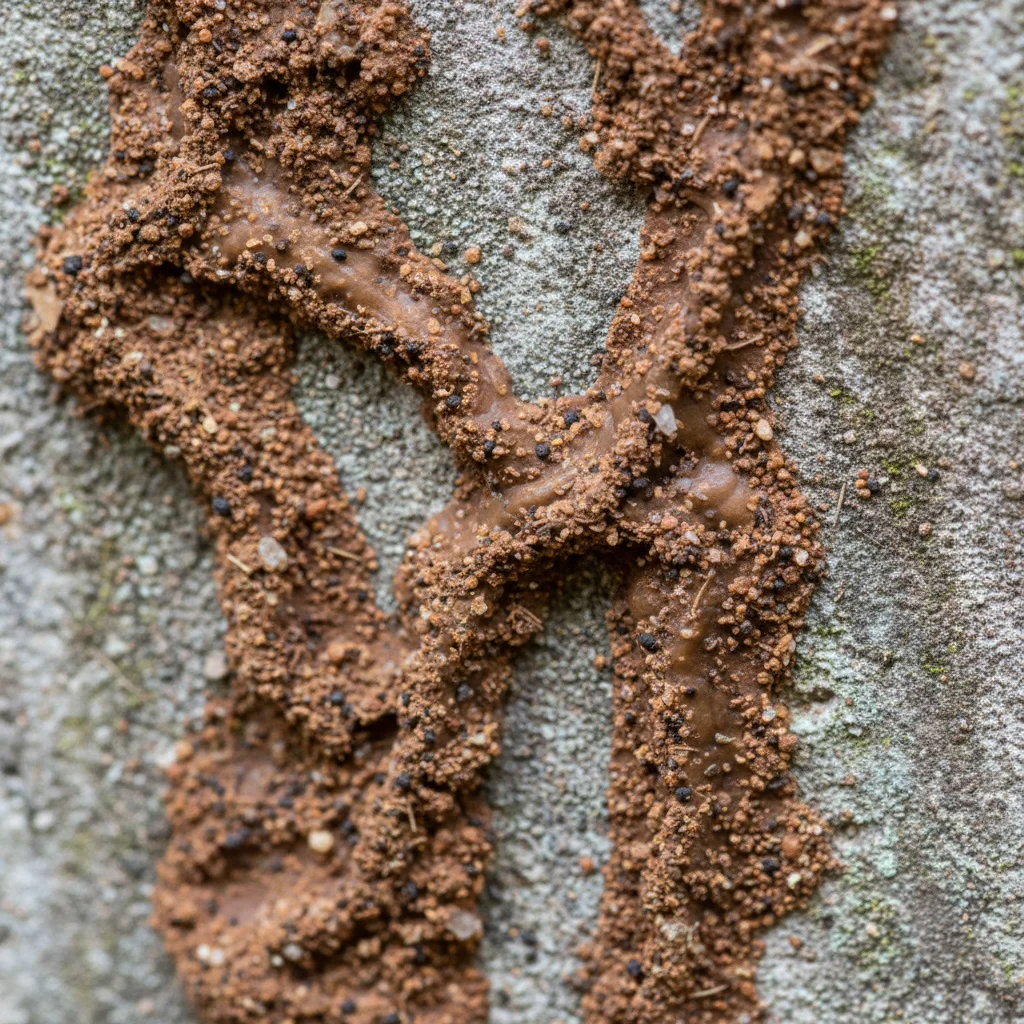 Mud tubes by subterranean termites on a foundation wall.