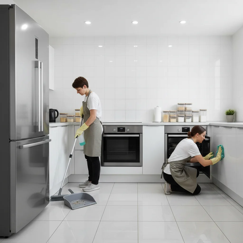 Person cleaning kitchen to prevent pests, focusing on appliance areas.