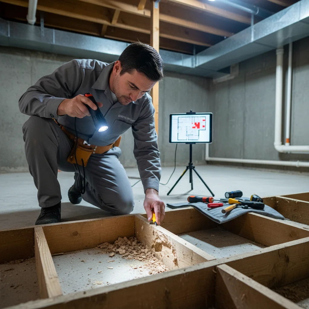 Inspector examining property areas in Tracy for termite damage.