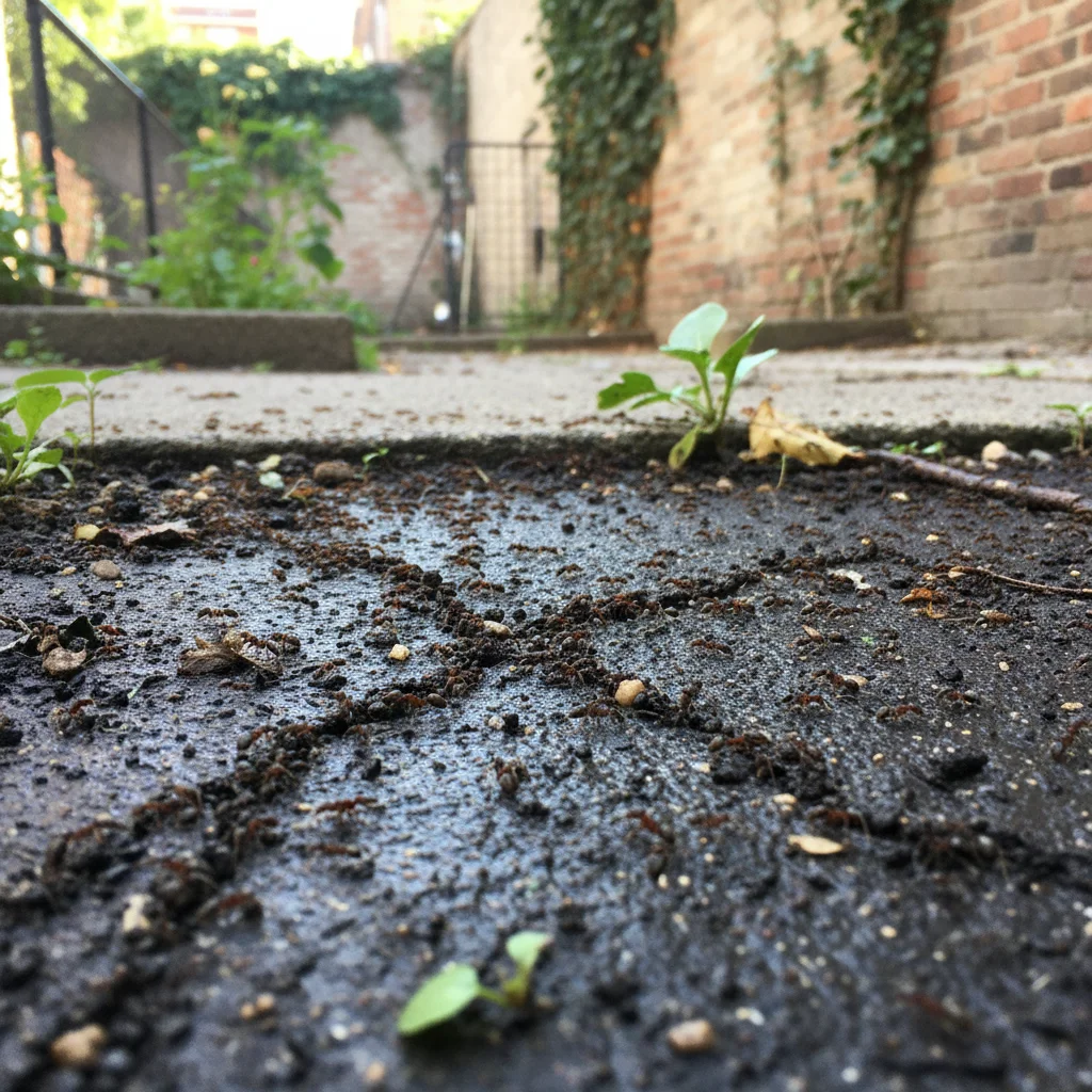 Ants emerge on wet soil surface after irrigation.