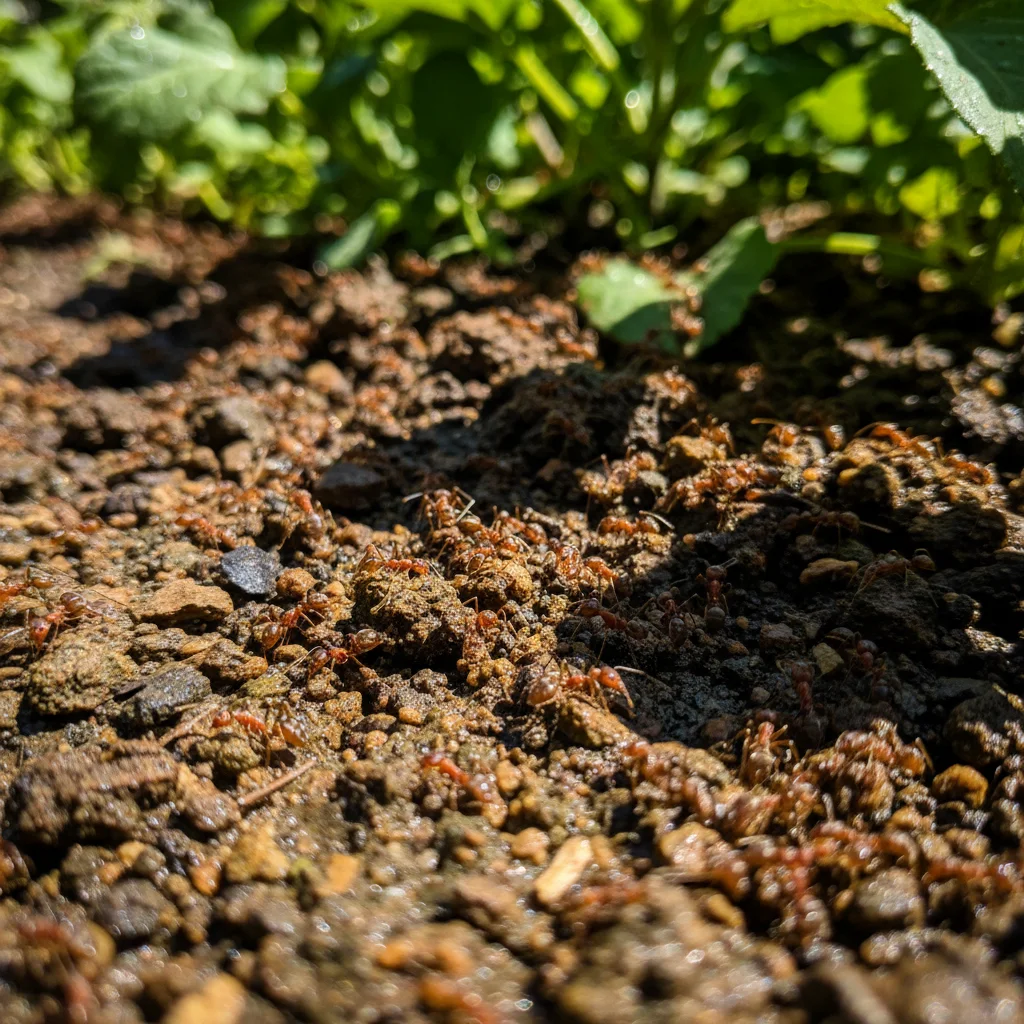 Argentine ants foraging on wet soil in a garden.